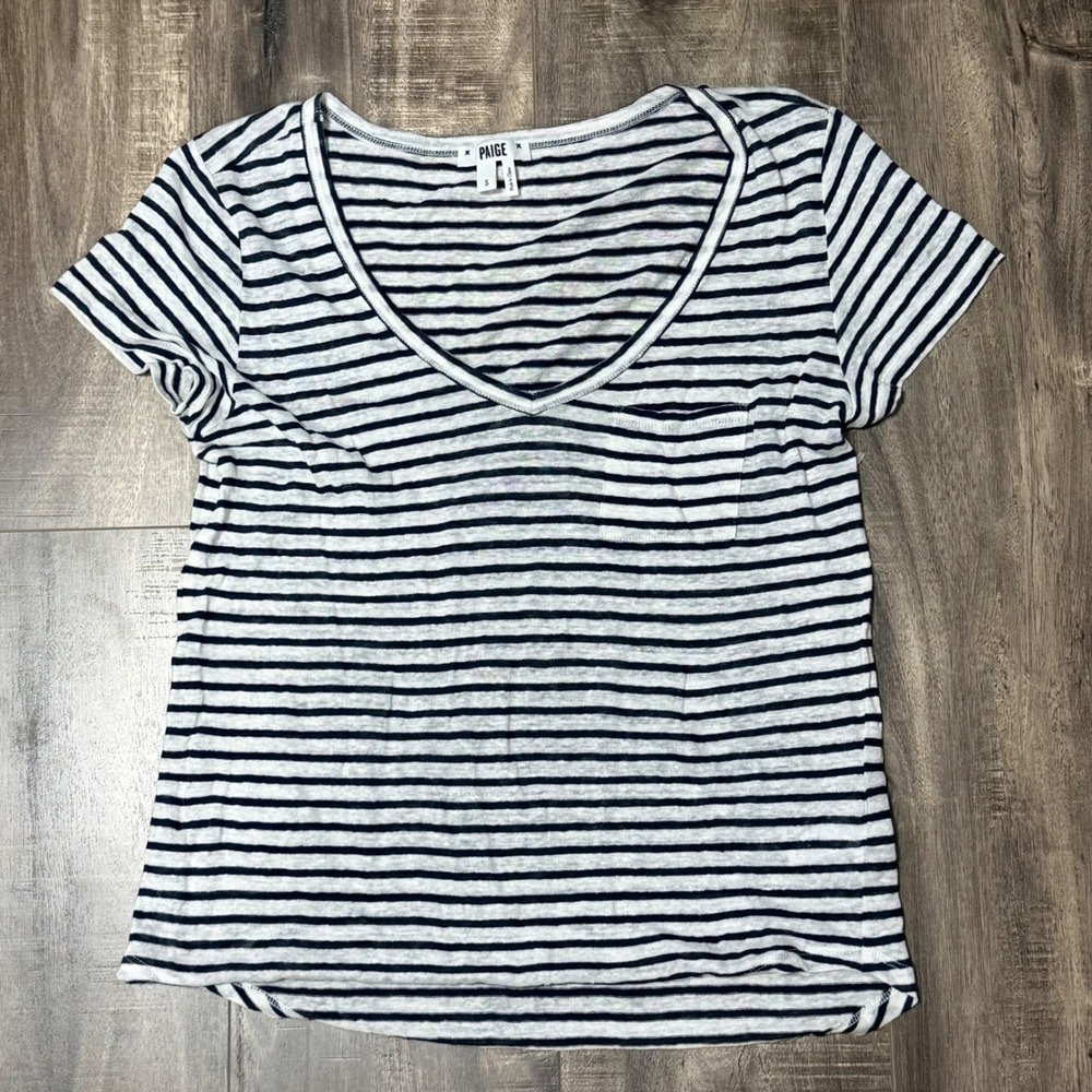 Paige Womens V-Neck Striped Short Sleeve Pocket T-Shirt‎ Navy White Size S